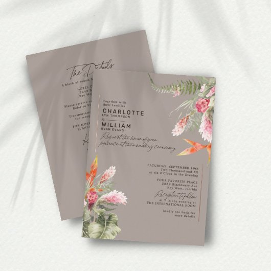 Tropical Floral Taupe UAWG QR Code Wedding Gold Folieneinladung