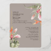 Tropical Floral Taupe UAWG QR Code Wedding Gold Folieneinladung (Vorderseite)