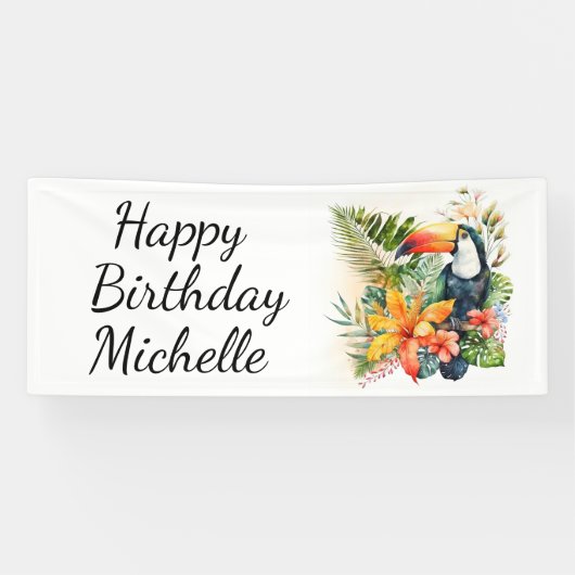 Tropical Floral Toucan Happy Birthday Name Banner (Horizontal)