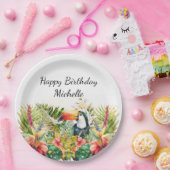 Tropical Floral Toucan Happy Birthday Name Pappteller (Party)