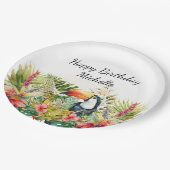 Tropical Floral Toucan Happy Birthday Name Pappteller (Schrägansicht)