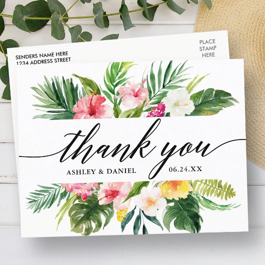 Tropical Floral Wedding Calligraphy Vielen Dank Postkarte