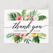 Tropical Floral Wedding Calligraphy Vielen Dank Postkarte (Vorderseite)