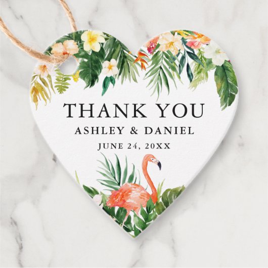 Tropical Floral Wedding Danke Flamingo Herz Geschenkanhänger (Vorderseite)