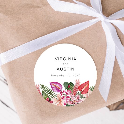 Tropical Floral Wedding Runder Aufkleber