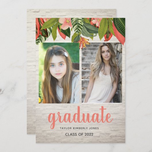 Tropical Floral White Brick Multi Foto Abschluss Einladung (Vorne/Hinten)