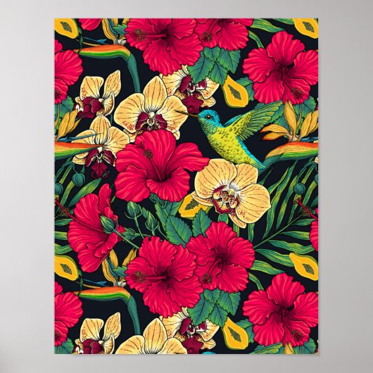 Tropical Florals and Hummingbird - Summer Botanica Poster (Vorne)