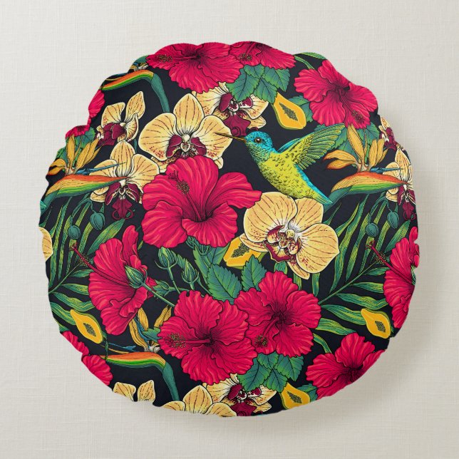 Tropical Florals and Hummingbird - Summer Botanica Rundes Kissen (Vorderseite)