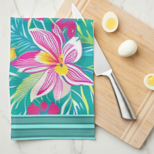 Tropical Florals Pink Shades auf Aquamarinen mehrf Geschirrtuch (Viertel Falte)