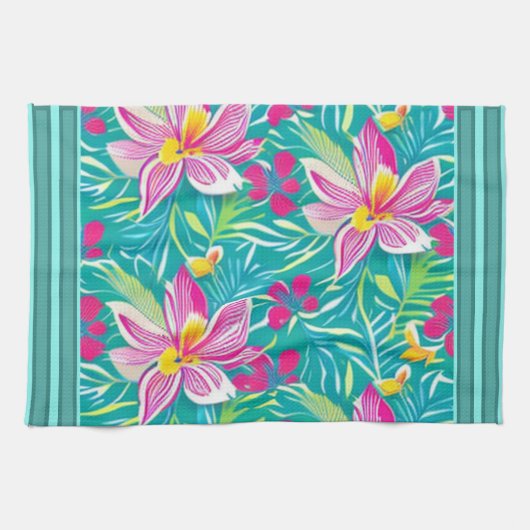 Tropical Florals Pink Shades auf Aquamarinen mehrf Geschirrtuch (Horizontal)