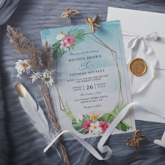 Tropical Flower Beach Elegant QR Code Wedding Einladung