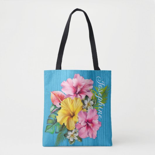 Tropical Flowers Blue Wood Personalized AOP Tasche (Vorderseite)