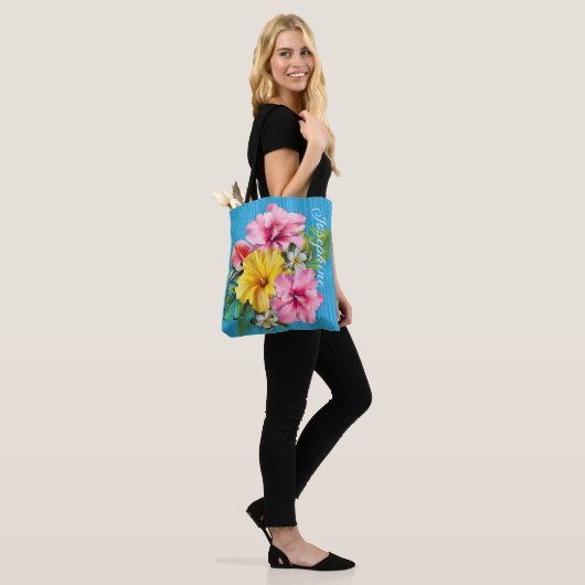 Tropical Flowers Blue Wood Personalized AOP Tasche (Am Model)