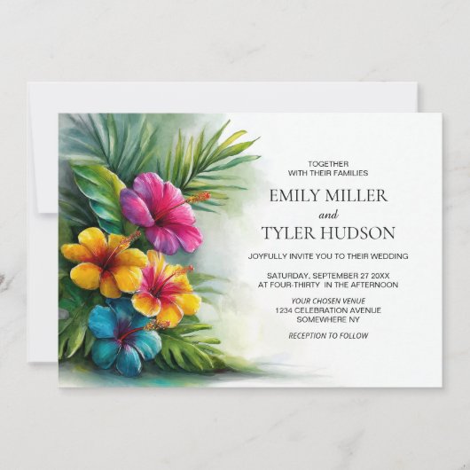 Tropical Flowers Greenery Wedding Einladung (Vorderseite)