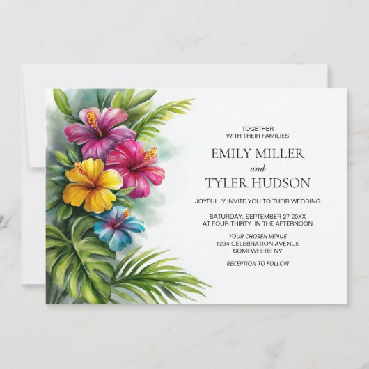 Tropical Flowers Greenery Wedding Einladung (Vorderseite)