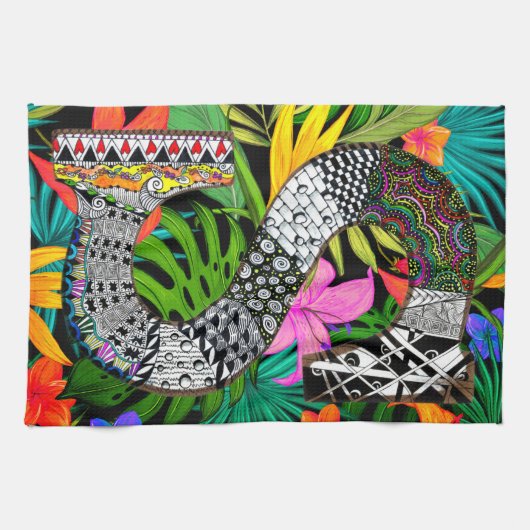 Tropical Flowers Monogram S Kitchen Towel Geschirrtuch (Horizontal)
