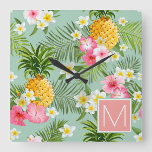 Tropical Flowers & Pineapples Add Your Initial Quadratische Wanduhr
