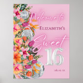 Tropical Flowers Pink Neon Glow Sweet 16 Welcome Poster (Vorne)