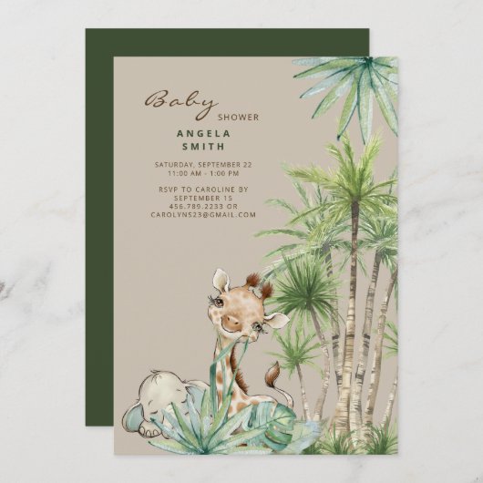 Tropical Foliage Baby Animals Baby Dusche Einladung (Vorne/Hinten)