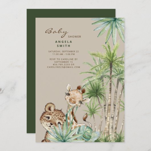 Tropical Foliage Baby Animals II Kinderdusche Einladung (Vorne/Hinten)