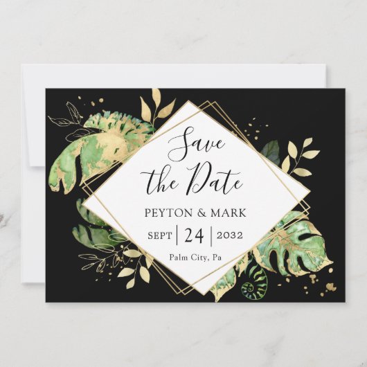 Tropical Foliage Black & Gold Elegant Geometric Save The Date (Vorderseite)
