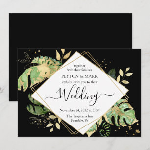 Tropical Foliage Black & Gold Geometric Wedding Einladung