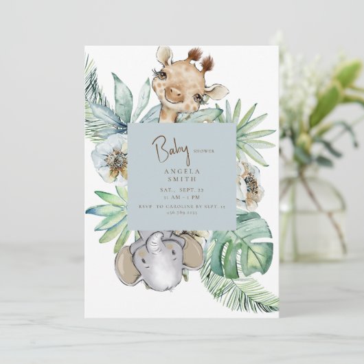 Tropical Foliage Dusty Blue Jungle Baby Dusche Einladung (Stehend Vorderseite)