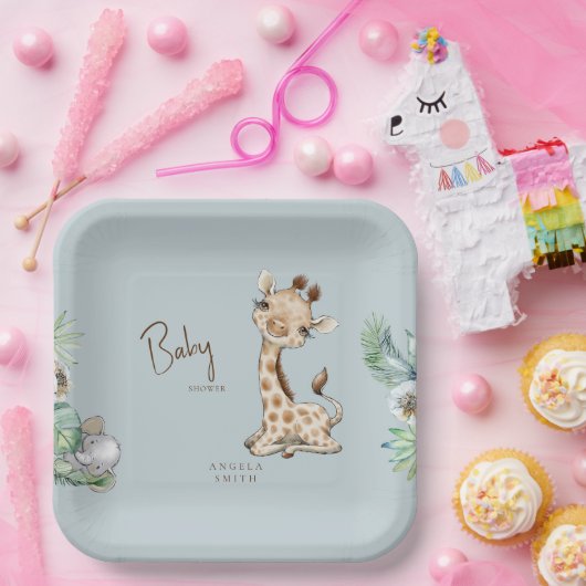 Tropical Foliage Dusty Blue Jungle Baby Dusche Pappteller (Party)