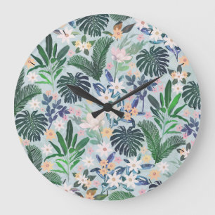Tropical Foliage Floral Pattern Große Wanduhr