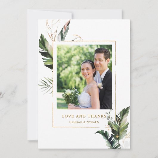 Tropical Foliage Gold Wedding Foto Danke Karte (Vorderseite)