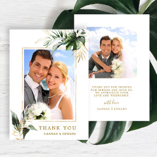 Tropical Foliage Gold Wedding Foto Dankeskarte