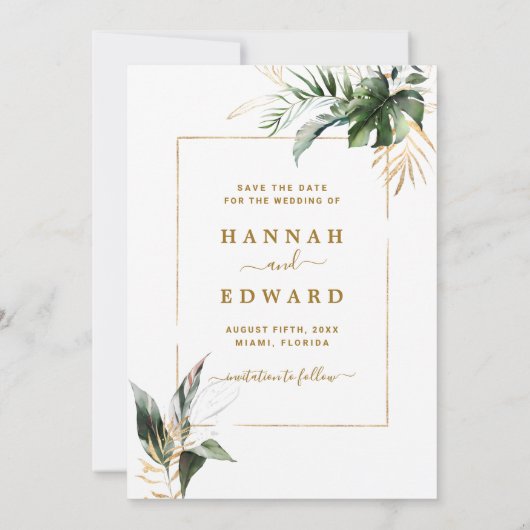 Tropical Foliage Gold Wedding Foto Save the Date (Rückseite)