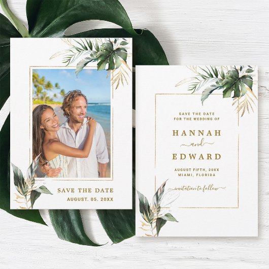 Tropical Foliage Gold Wedding Foto Save the Date