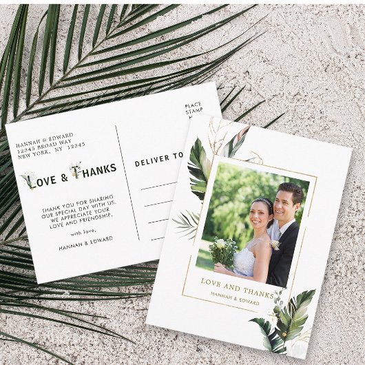 Tropical Foliage Gold Wedding Foto Vielen Dank Postkarte