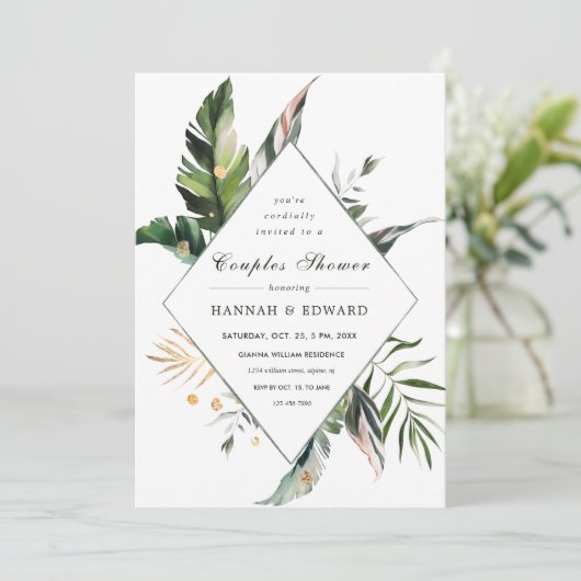 Tropical Foliage Green Couples Dusche Einladung (Stehend Vorderseite)
