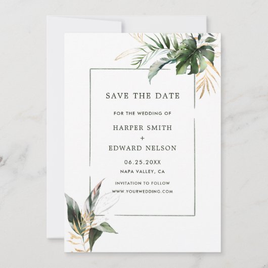 Tropical Foliage Green & Gold Foto Hochzeit Save The Date (Rückseite)