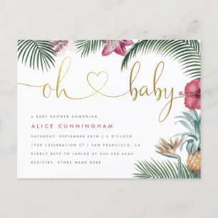 Tropical Foliage Oh Baby Gold Script Baby Dusche Einladungspostkarte