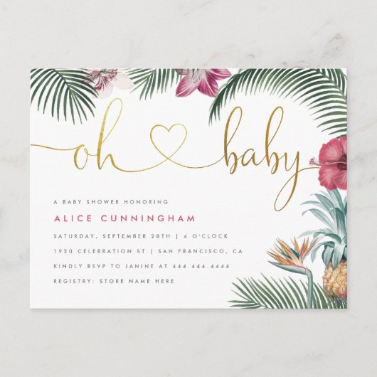 Tropical Foliage Oh Baby Gold Script Baby Dusche Einladungspostkarte (Vorderseite)