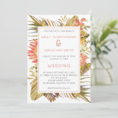 Tropical Foliage Pampas Coral Florals Hochzeit Einladung (Stehend Vorderseite)