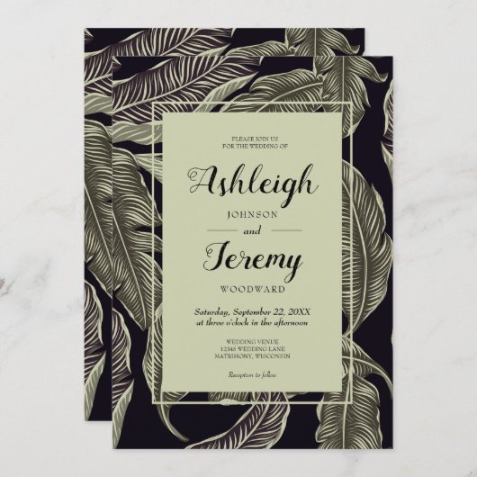 Tropical Foliage Sage Green Black Script Hochzeit Einladung (Vorne/Hinten)