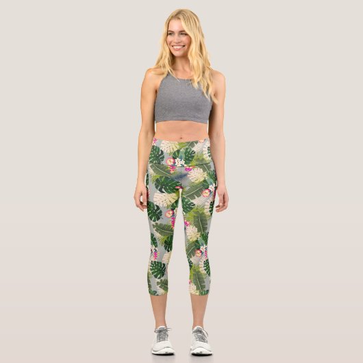 Tropical Foliage Summer Gray Capri Leggings (Vorderseite)