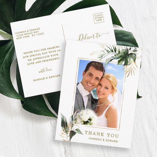 Tropical Foliage Wedding Foto Gold Vielen Dank Postkarte