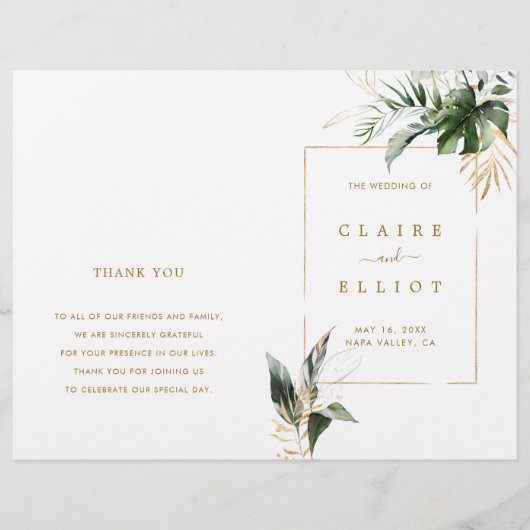 Tropical Foliage Wedding Gold Zeremonie Programm (Vorderseite)