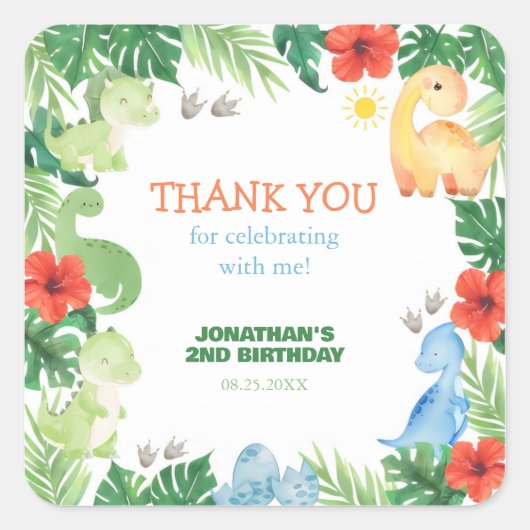 Tropical Forest Dinosaur Birthday Thank You Quadratischer Aufkleber (Vorderseite)