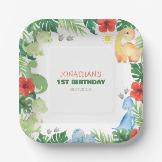 Tropical Forest Dinosaur Kids Birthday Pappteller (Vorderseite)