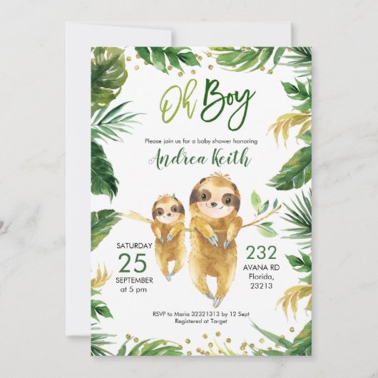 Tropical Forest Sloth Baby Dusche Einladung (Vorderseite)