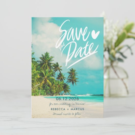 Tropical Foto Beach Hochzeit in Urlaubsort Save The Date (Stehend Vorderseite)