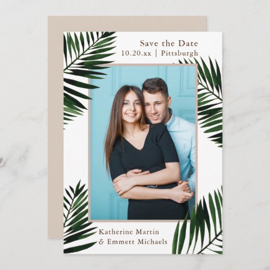 Tropical Frame Beige Wedding Save the Date Foto (Vorne/Hinten)