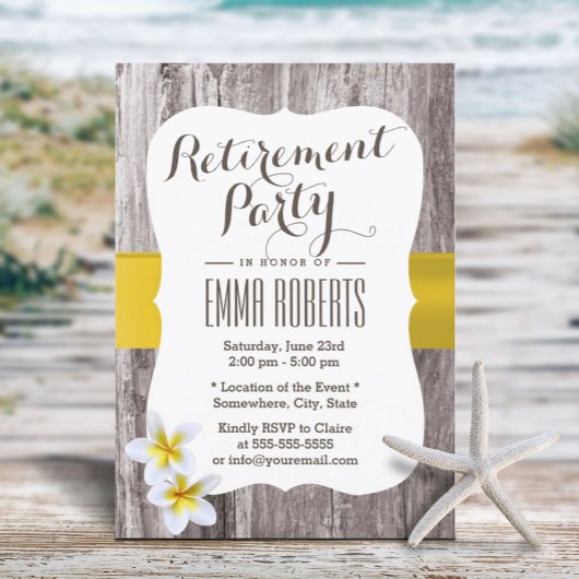 Tropical Frangipani Rustic Wood Retirement Party Einladung