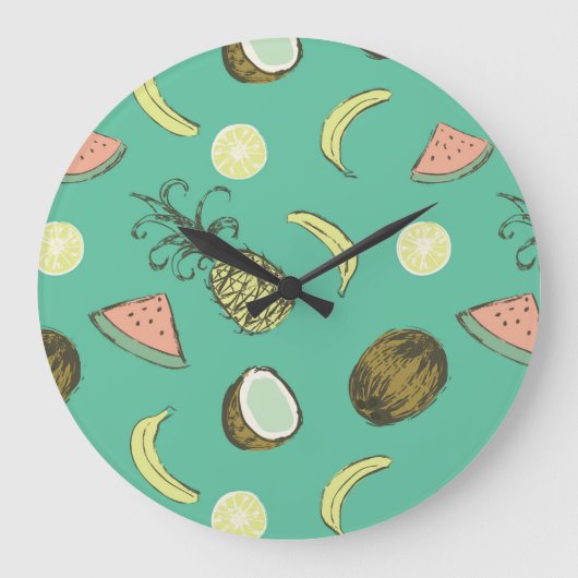 Tropical Fruit Doodle Pattern Große Wanduhr (Vorderseite)